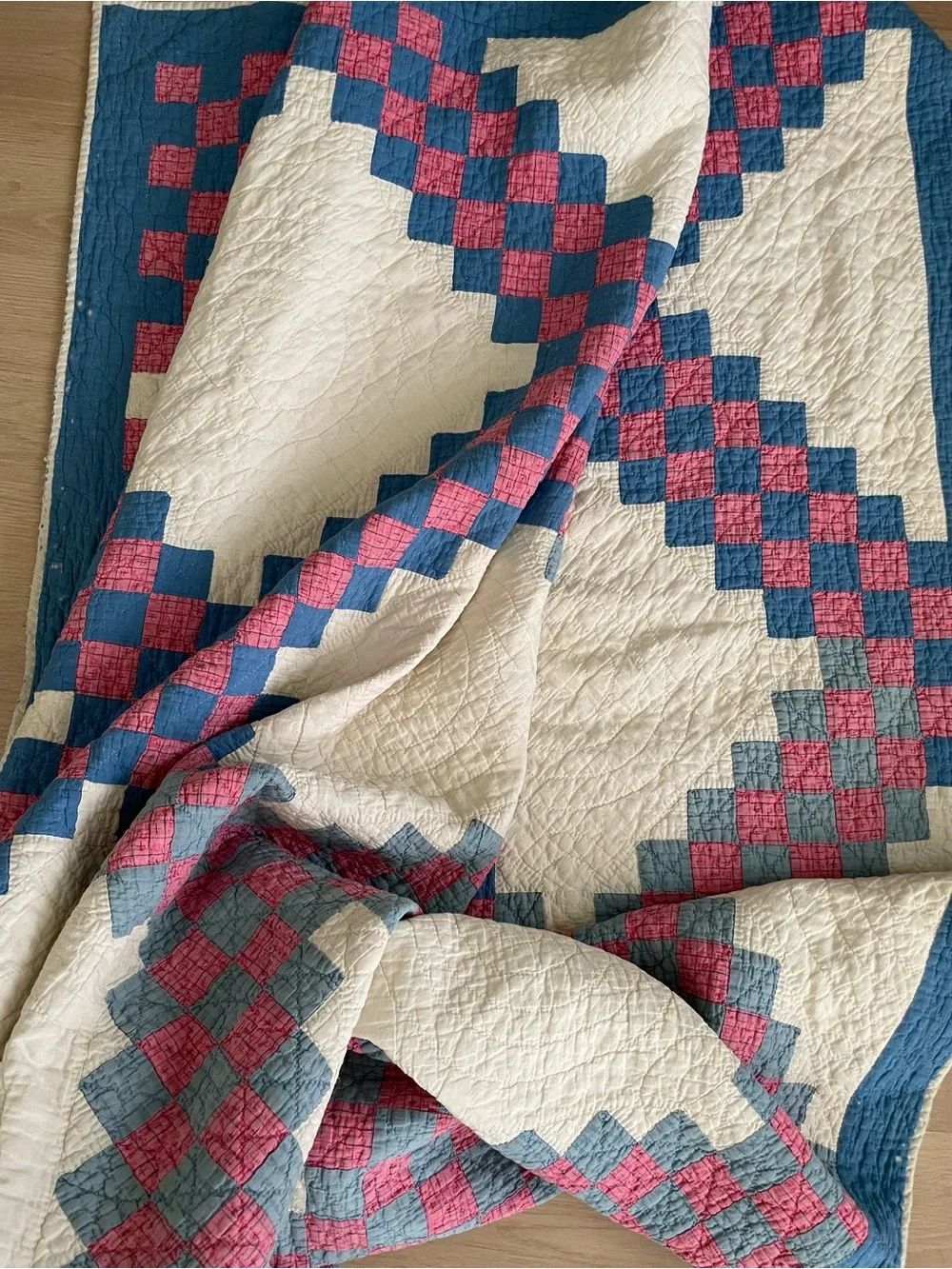 Vintage Antique Hand Quilted Irish Chain Quilt Pink Blue 80x72 Cottage